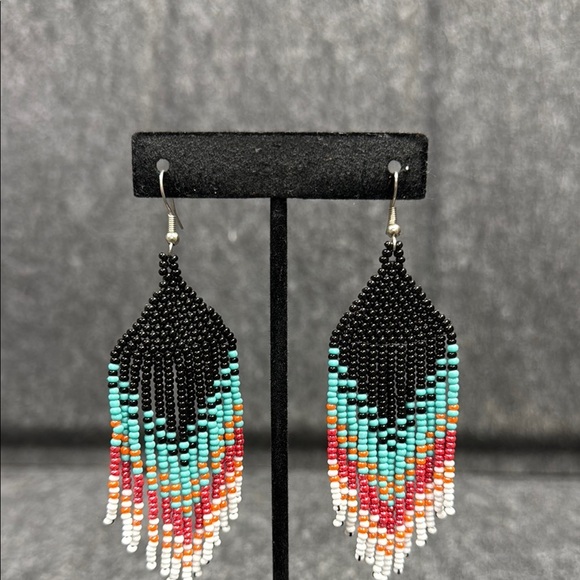Black and Blue Beaded Chevron Earrings - Picture 4 of 4